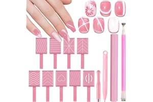 XEAOHESY 13 Pieces Pink Cat Eye Magnet for Nails Double-Ended Hexagon Nail Magnet Stick Flower Cat Eye Magnetic Pen 9 Stripe Nail Magnet Plates With Different Patterns Cat Eye Gel Polish Nail Art