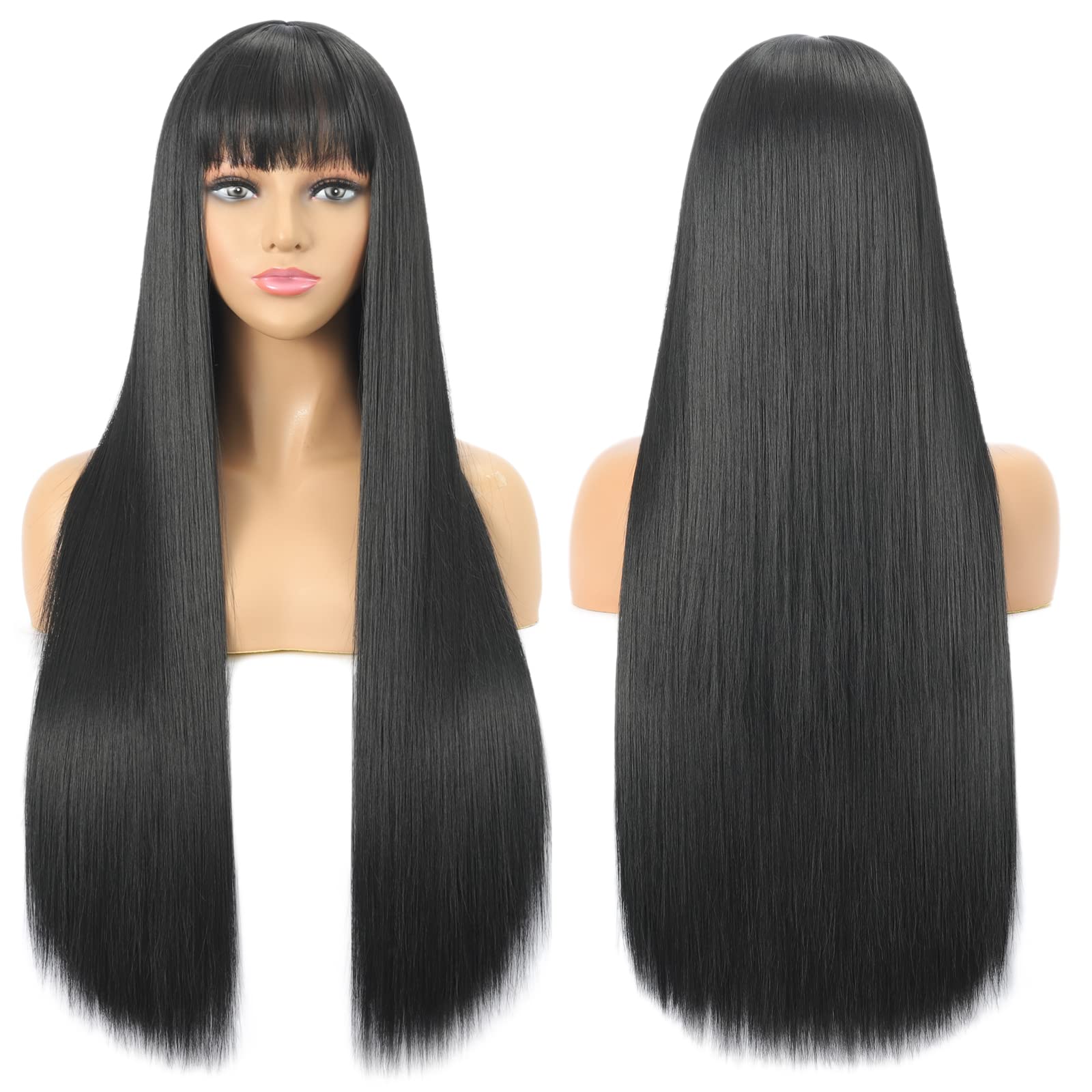 Wig Black Long Straight Wig with Fringe for Women, 30 Inch Synthetic Fibre Straight Wigs for Women, Long Black Fringe Bangs Wig for Women