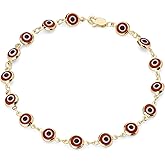 14k REAL Yellow Gold Red & Multi Color Evil Eye Bracelet - 7.25"