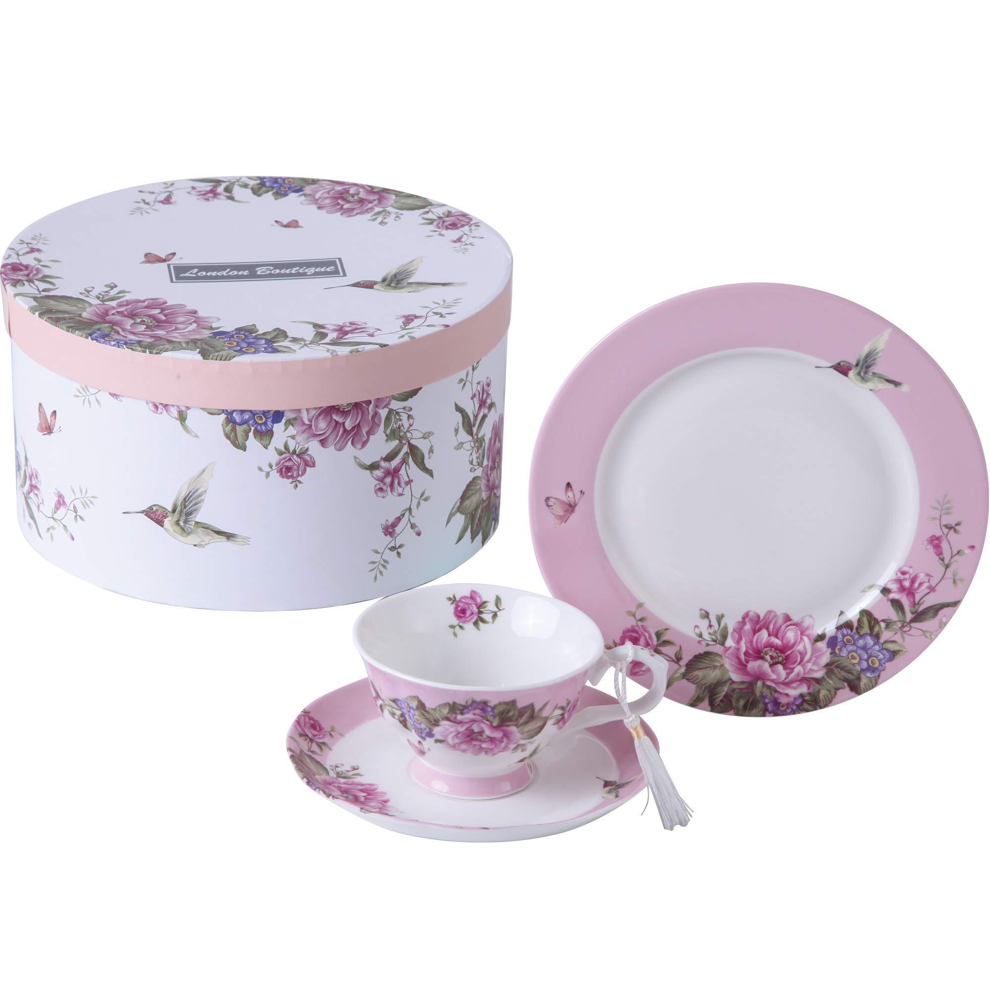Tea Cup Saucer Cake Plate Set Coffee Cups and Saucers Gifts for Women Afternoon Tea Set New Bone China Vintage Flora Bird Rose Butterfly for Home Restaurants Tea House (Pink)