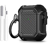 Maxjoy for AirPods Case, Carbon Fiber Secure Lock Clip Full Body Shockproof Hard Shell Protective Case Cover with Keychain for AirPod 1st and 2nd Generation Wireless Charging Case, Black