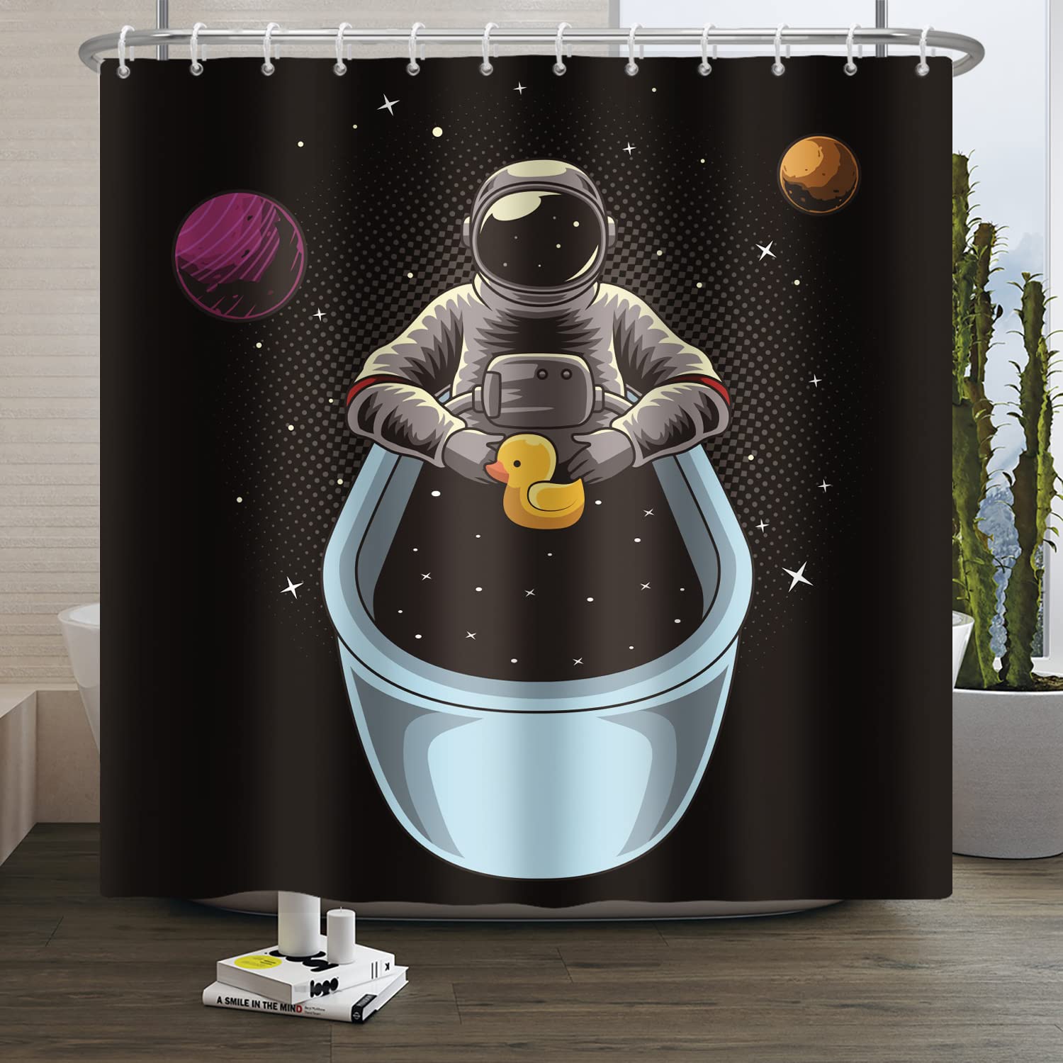 SDOTPMT 55x72inch Astronaut Shower Curtain Spaceman in Bathtub Universe Galaxy Planet Bath Curtain Outer Space Black Curtain for Kids Bathroom Decor Fabric Polyester with Hooks