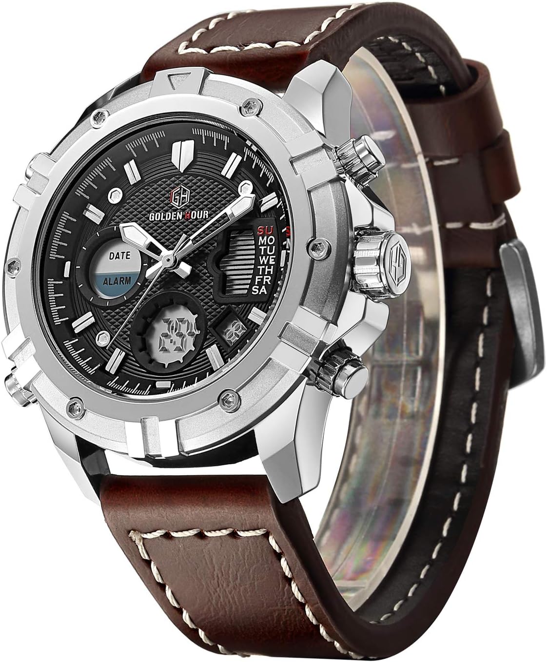 Mens Sport Watch Digital Analog Quartz Waterproof Multifunctional Military Leather Wrist Watches