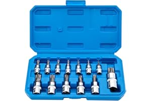 QNKAA Torx Bit Socket Set 13pcs 3/8" Dr. T8 - T70 E Star Premium S2 Alloy Steel Cr-V Steel Star Socket Torx Bits Metric 1/4, 3/8 and 1/2-Inch Drive
