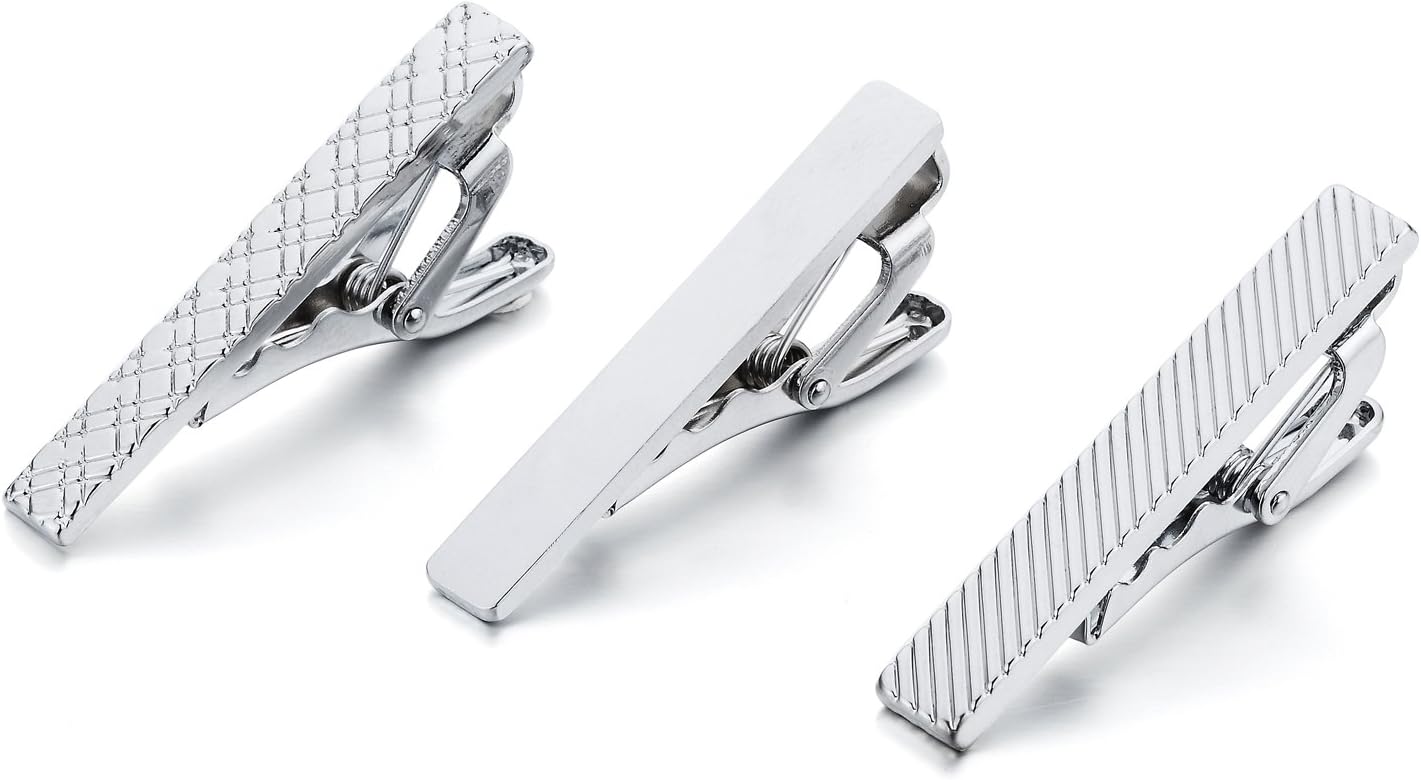 Valoven 3 Pieces Handmade Gift Boxed 1.5 Inches Silver Mens Skinny Tie Clip Set