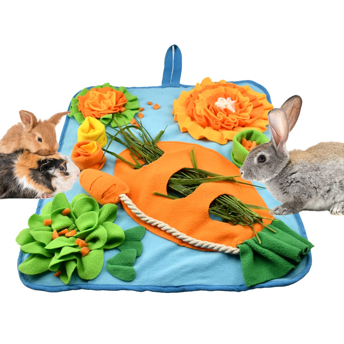 Vehomy 50 x 60cm Rabbit Snuffle Mat Bunny Foraging Mat with Handle Pet Bunny Guinea Pigs Polar Fleece Snuffle Pad Small Animal Interactive Feeding Mat for Rabbits Hamsters Chinchillas Ferrets