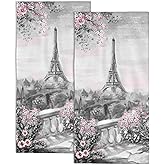 Snowmolle Eiffel Tower 2 Pack Hand Towels for Bath,Gray and Pink Rose and Leaf DecorativeTowels for Bathroom Kitchen Absorbent Soft Towels Face Towel 14x28 Inch