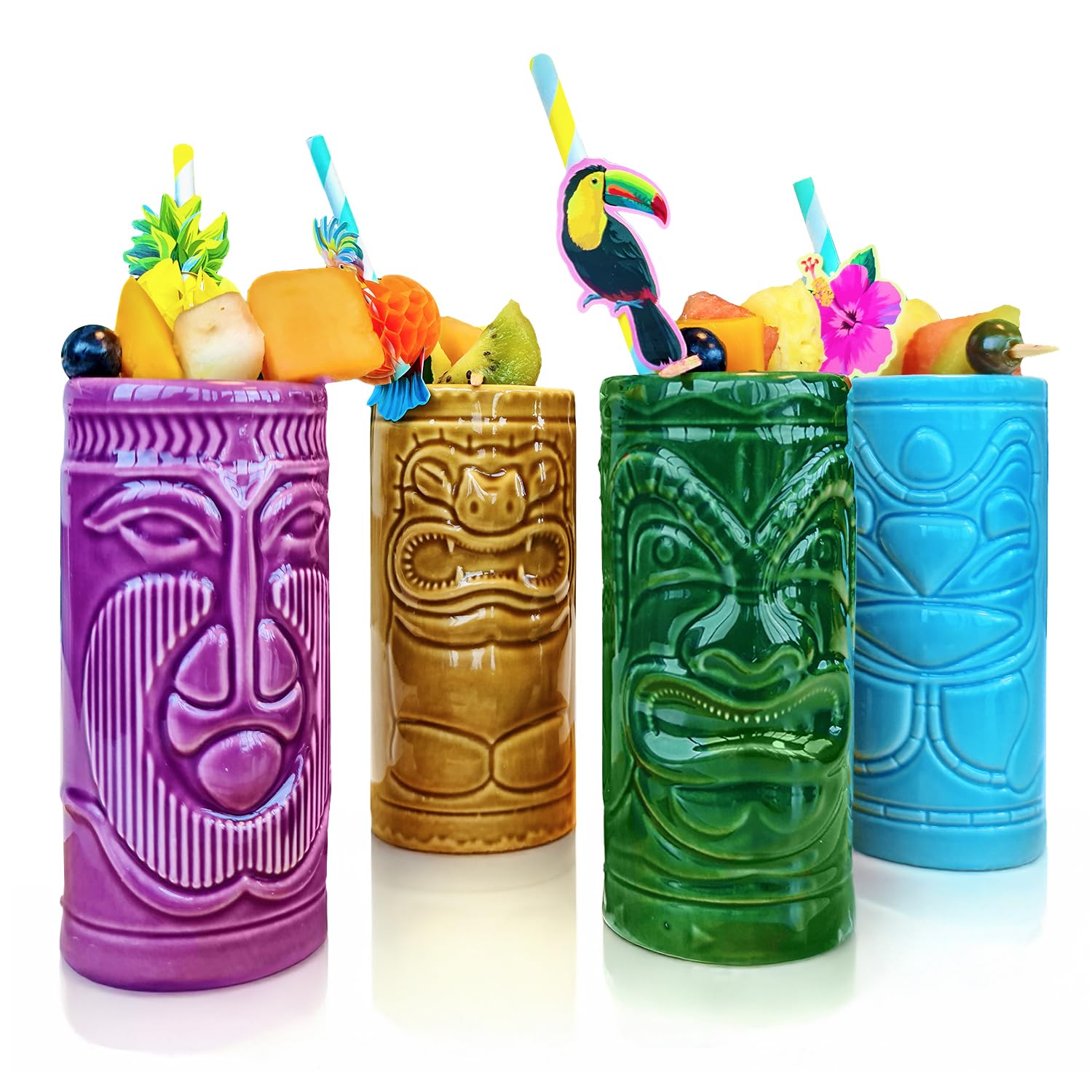 mikamax Tiki Mugs - Tiki cups - Set of 4 - ceramic - cocktail cups - cocktail glasses - Tiki Bar accessories - party decoration - 14cm x 6,5 Ø - Tiki Cocktail Party
