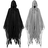 Fourluoo 2 Pcs Grim Reaper Costume Set Scary Cloak Witch Costume Men Women Hooded Cape for Adult Cosplay Props