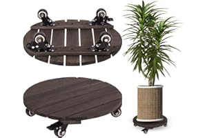 Timberholm 2PCs Wood Plant Caddy with Wheels, 14 inches, Heavy Duty Rolling Plant Stand, 360 Lockable Wheels, Walnut