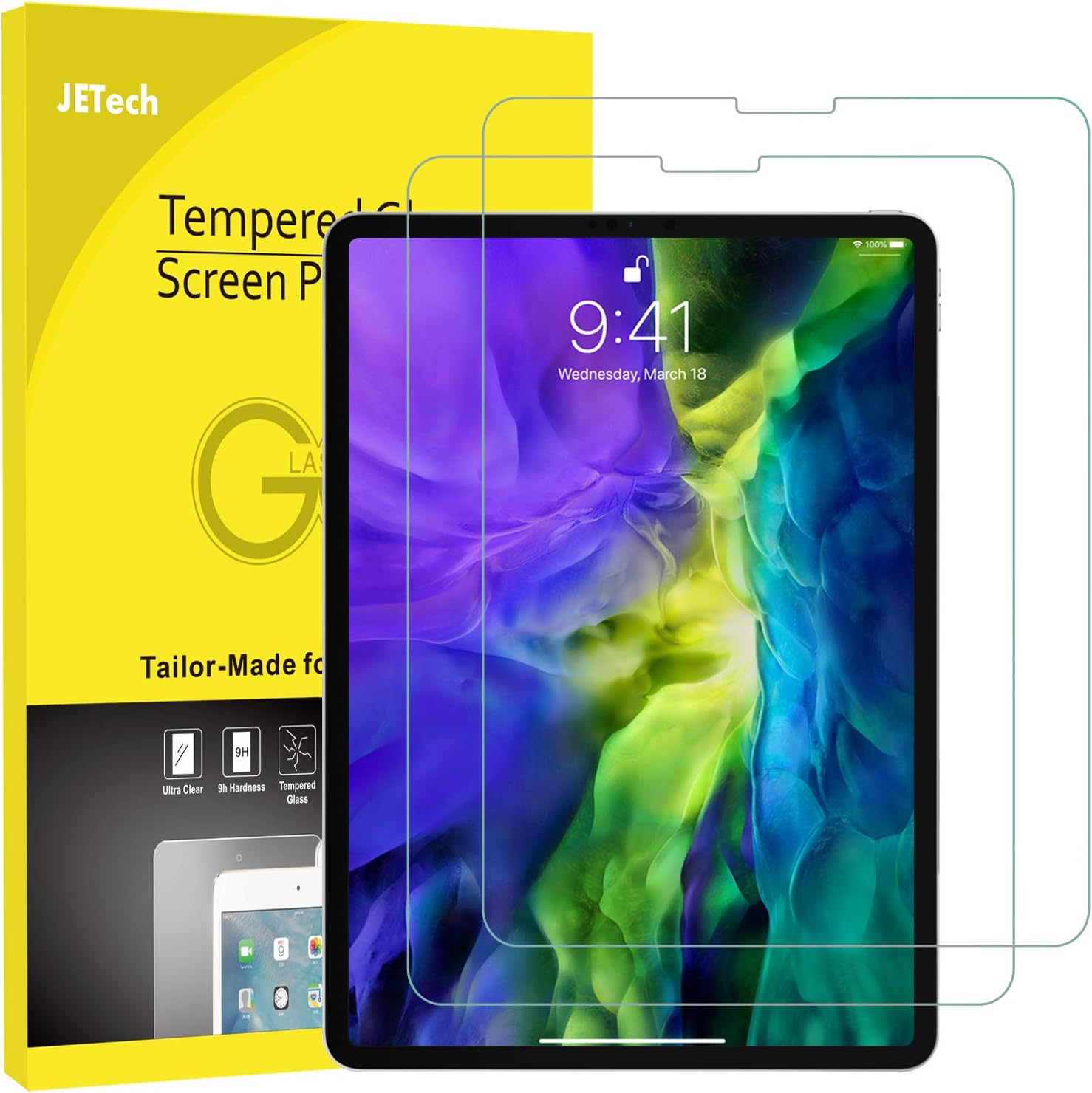 JETech 2-Pack Screen Protector for iPad Air 4 10.9-Inch, iPad Pro 11-Inch (2020 and 2018 Release Edge to Edge Liquid Retina Display), Face ID Compatible, Tempered Glass Film: Electronics