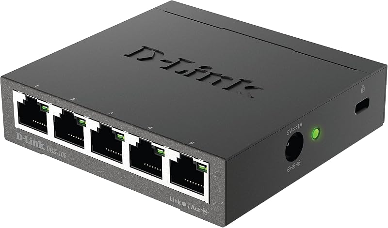 DGS-105 5 Ports Layer2 Gigabit Switch (bis zu 2000 Mbit/s Datenübertragung pro Port, einfache Plug und Play-Installation, lüfterlos, Metallgehäuse) schwarz