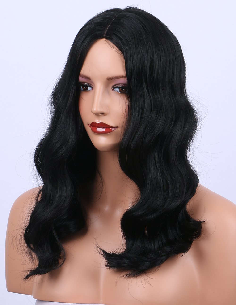 K’ryssma Synthetic Wigs Shoulder Length Wavy #1B Natural Black Wig for Women Middle Part