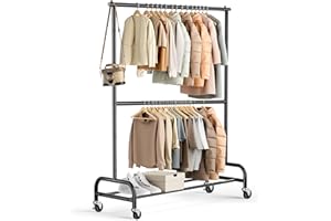 MISSLO Heavy Duty Clothing Racks for Hanging Clothes Rack Double Rod Garment Rack Rolling Closet Wardrobe Rack on Wheels, Metal, Adjustable, Black