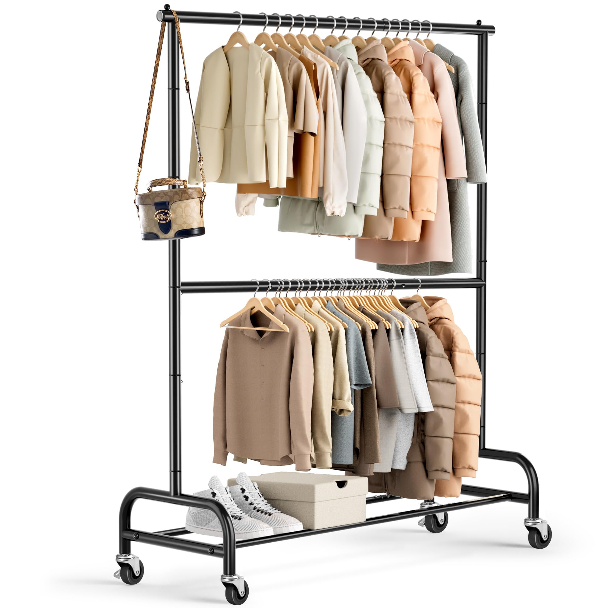 Photo 1 of MISSLO Heavy Duty Clothing Racks for Hanging Clothes Rack Double Rod Garment Rack Rolling Closet Wardrobe Rack on Wheels, Metal, Adjustable, Black