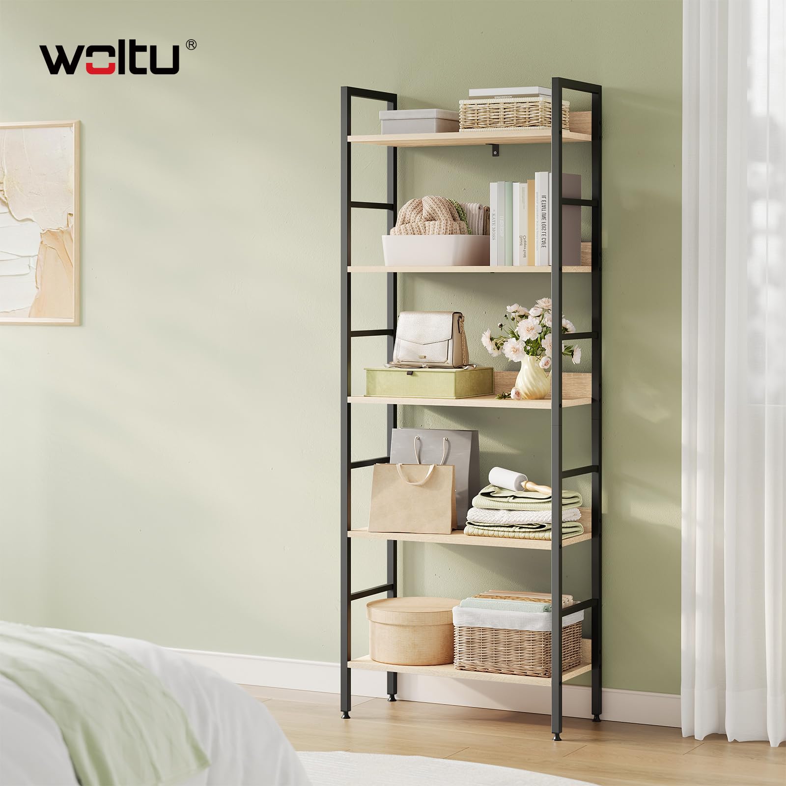 WOLTU Bücherregal, offenes Standregal mit 5 Ebenen, stehendes Regal für Wohnzimmer Schlafzimmer Arbeitszimmer, 60x160x27,5 cm, Schwarz + Helle Eiche 7