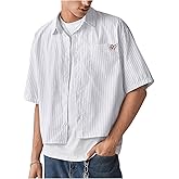 SweatyRocks Men's Striped Button Down Shirt Short Sleeve Collared Loose Fit Crop Shirt with Pocket