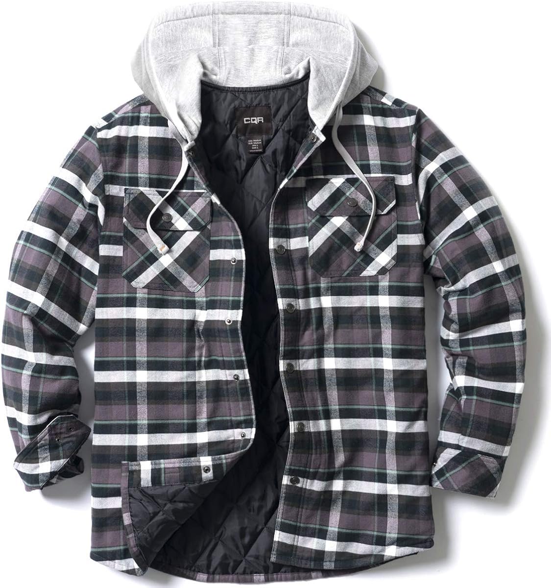 CQR Men’s Hooded Quilted Lined Flannel Shirt Jacket, Long Sleeve Plaid Button Up Jackets: Clothing