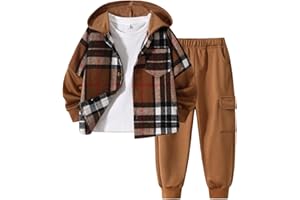 Fdqin 2Pcs Kids Boys Flannel Plaid Shirt Tops Pants Set Hoodie Sweatsuit for Fall Winter Spring Outfits 4-12 Years