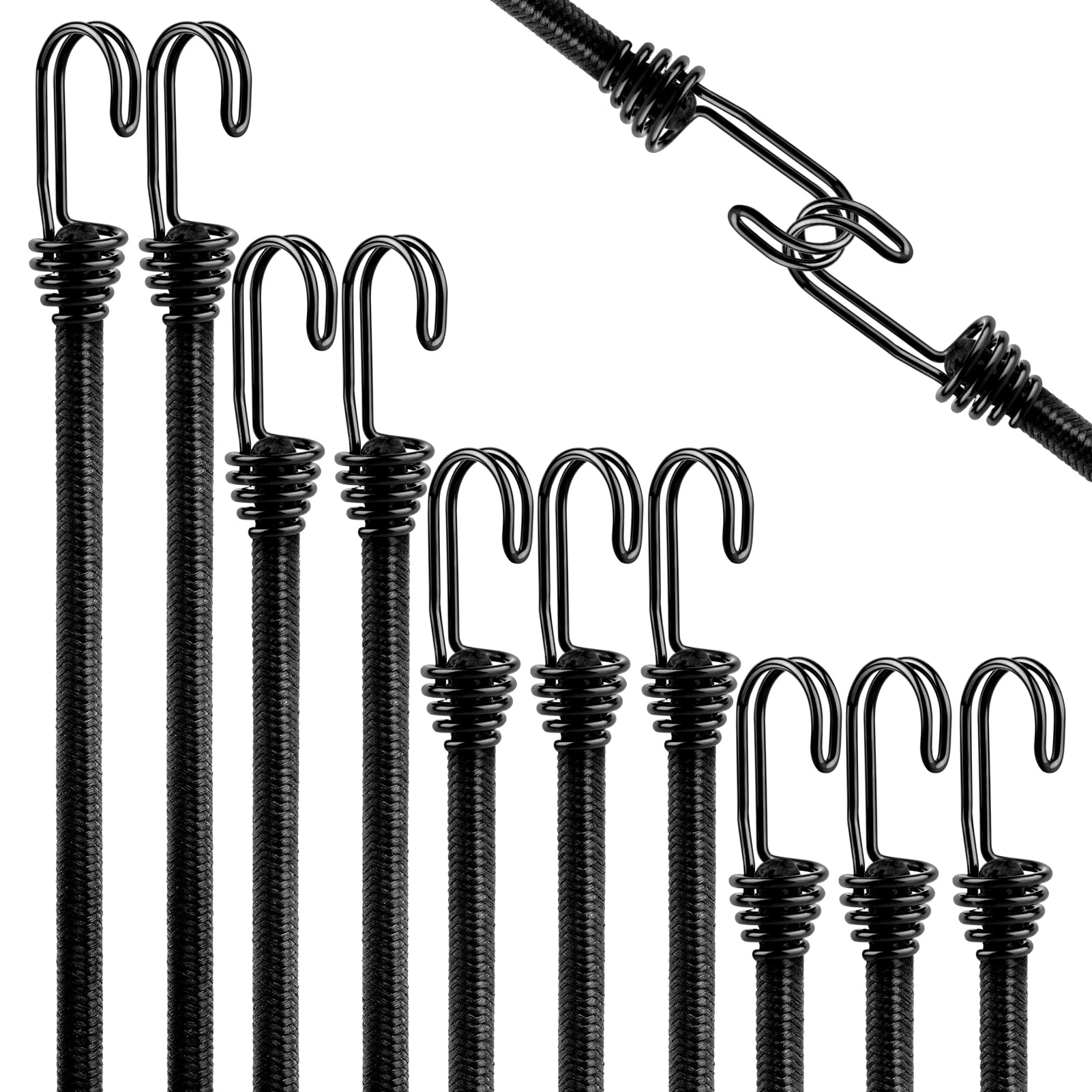Pack of 10 Elastic Straps with Hooks Set 30 cm 60 cm 80 cm 100 cm Expander with Hooks Black Elastic Band with Hooks Bungee Cord for Camping Awning Trailer Tarpaulin Roof Rack
