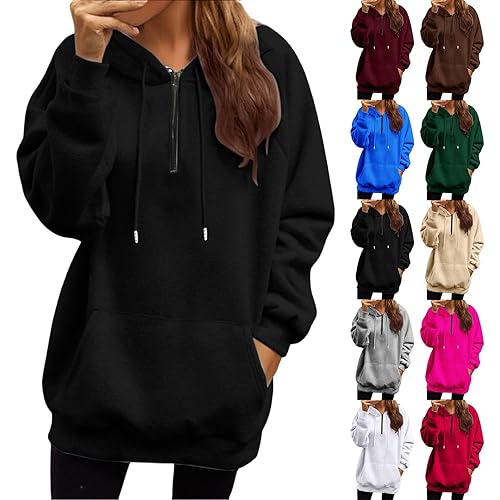 Lightweight Hoodies Women Hoodies for Women UK Half Zip Neck Pullover with Hood, Casual Long Sleeve Jumper for Ladies, Fashion Top Autumn Winter Womens Sweatshirt A Black