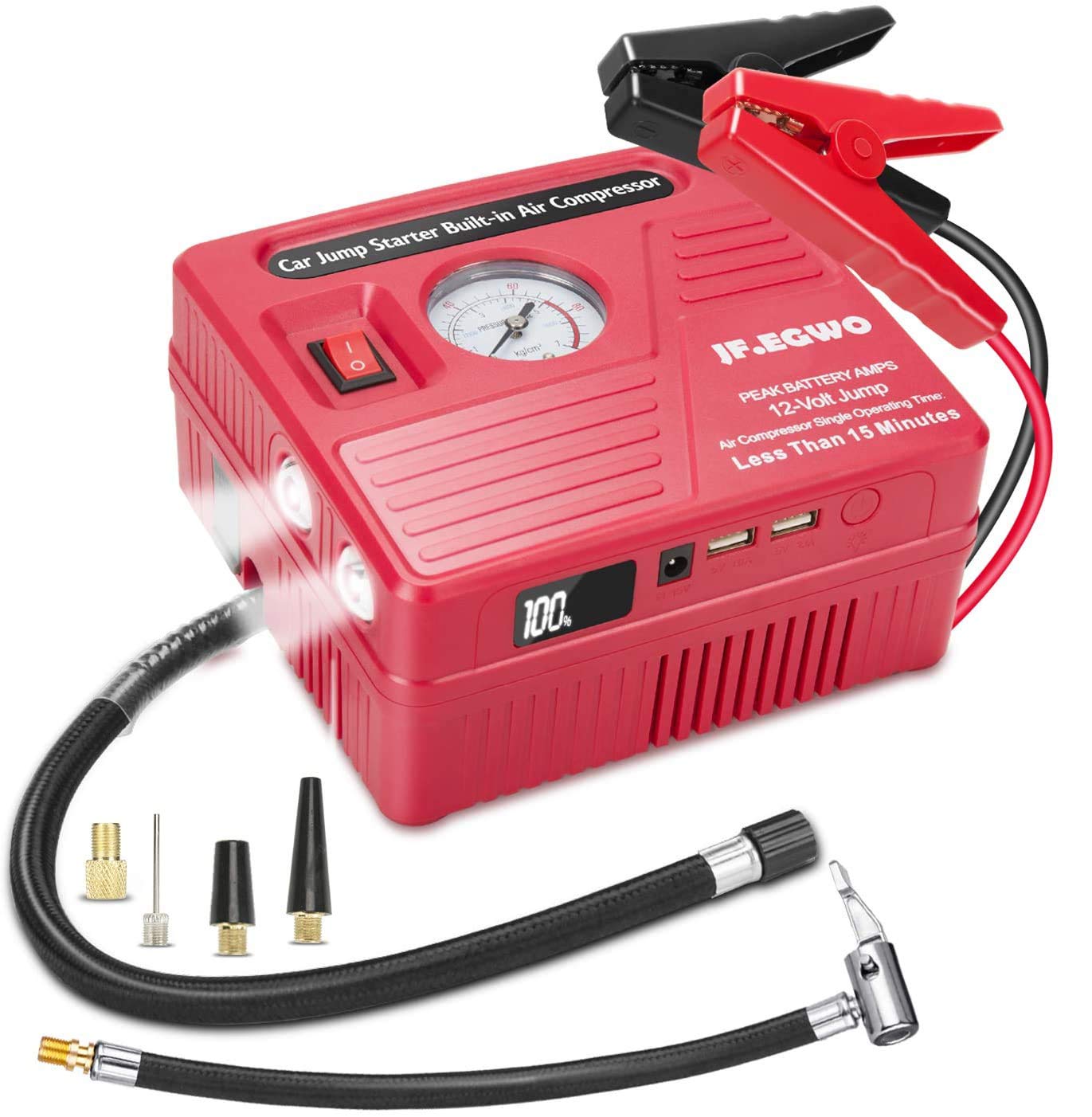 Car Jump Starter with Air Compressor, 2000 AMP Peak Jump Cable, 100 PSI Air Pump, 20000mAh Lion