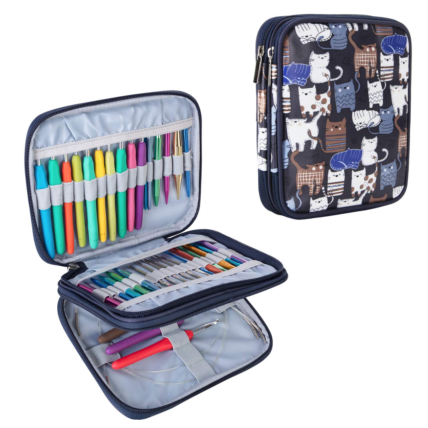 Teamoy Crochet Hook Organizer Case, Empty Crochet Hook Holder, Cats Blue | Interchangeable Knitting Needle Case for Crochet H