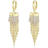 HIUS Long Tassel Earrings for Women, Sparkly Fringe Drop Dangle Chain Earrings, 18K Gold Plated Hoop Chandelier Earrings for Prom Bridal