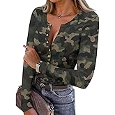 Shusuen Womens Long Sleeve Tops Button Blouse Print Fall Basic Tees Casual Henley T Shirts Slim Fit Trendy Outfits Clothes