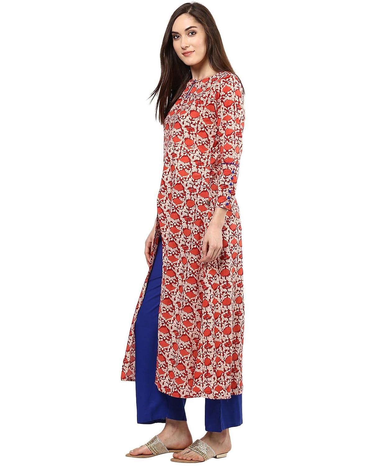 jaipur kurti coral block print kurta with blue palazzo set