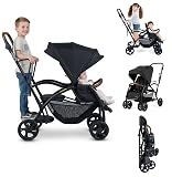 INFANS Sit and Stand Double Stroller, Foldable Tandem with Standing Platform Reclining Backrest, Adjustable Handlebar and Footrest, Storage Basket 5-Point Harnesses, Baby Pushchair for Toddlers