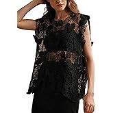 Arssm Womens Hollow Out Floral Lace Vest Crewneck See Through Tank Top Loose Fit Summer Crochet Cover Up