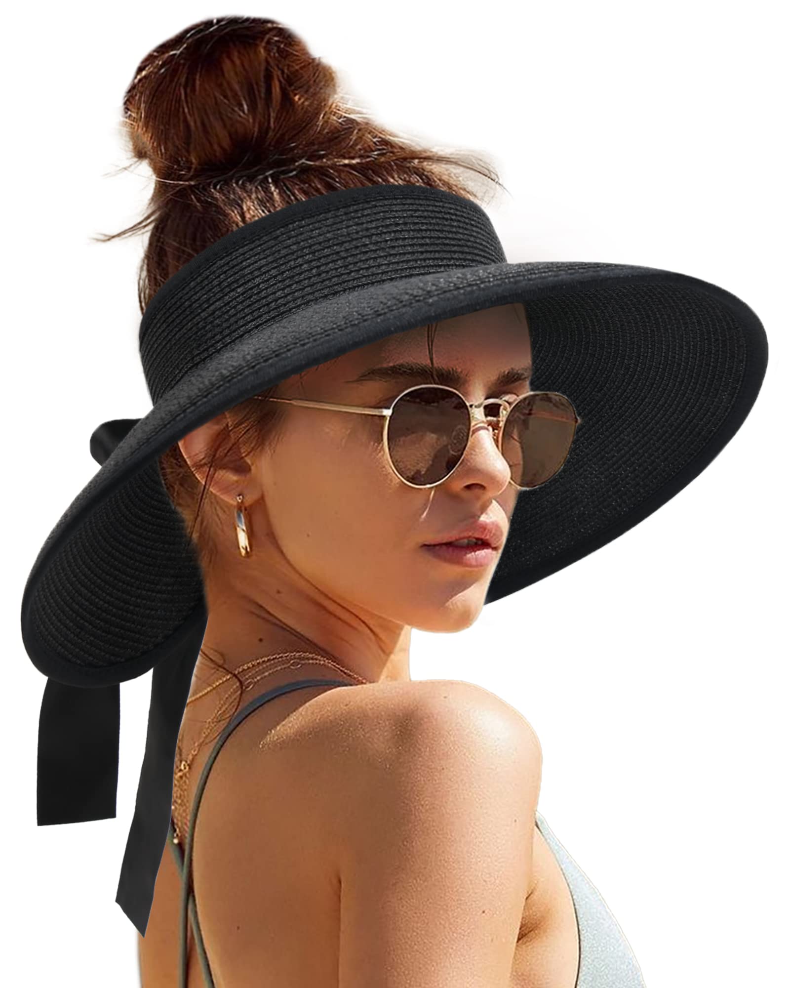Photo 1 of Camptrace Sun Visors for Women Wide Brim Beach Hat Foldable Straw Visor Hat Ponytail Summer Packable UPF 50+ Black