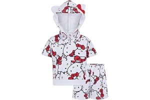 Hello Kitty Sanrio Girls Hooded Shirt with Functional Kangaroo Pocket and Shorts 2 Piece Set for Toddler and Big Kids