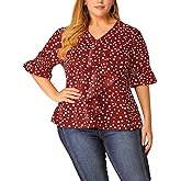 Agnes Orinda Women's Plus Size Tops V Neck Smocked Sleeve Ruffle Blouse Summer Tops