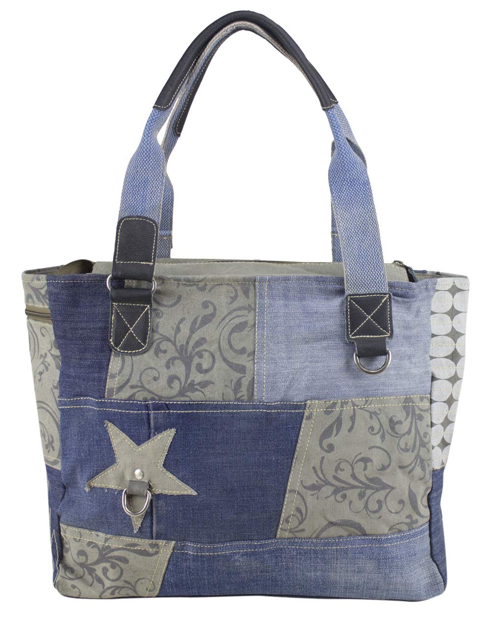 Sunsa Handbag. Women's bag. Large women's bag. Sustainable shopper. Shoulder bag made from recycled jeans fabric and canvas in retro vintage style, jeans colour, 39x32x12 cm, Retro