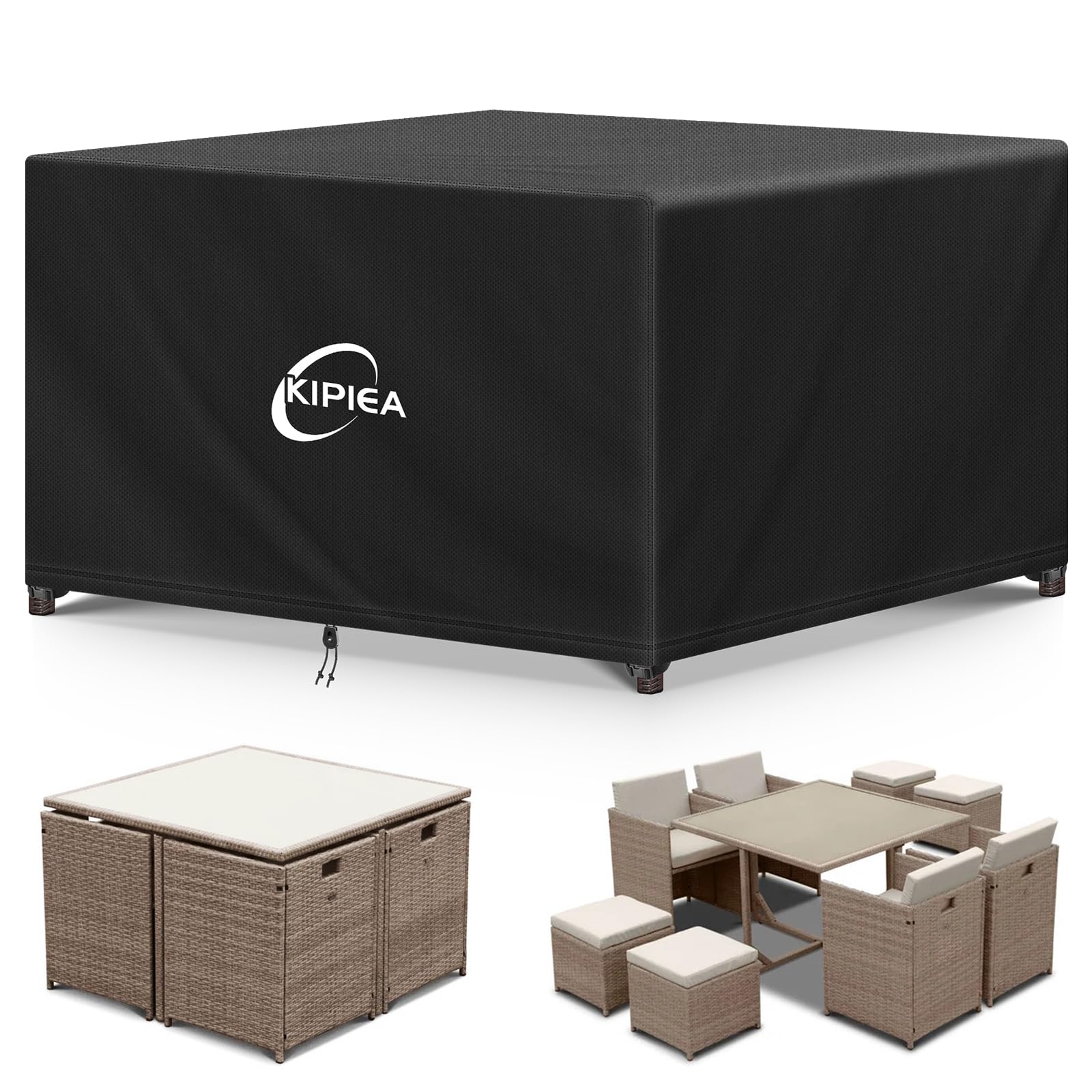 Kipiea Garden Furniture Covers Waterproof, 125 x125 x71cm Cube Outdoor Furniture Covers for Table & Chairs Windproof, 420D Oxford Fabric Square Patio Rattan Table Cover, Anti-UV, Ripstop