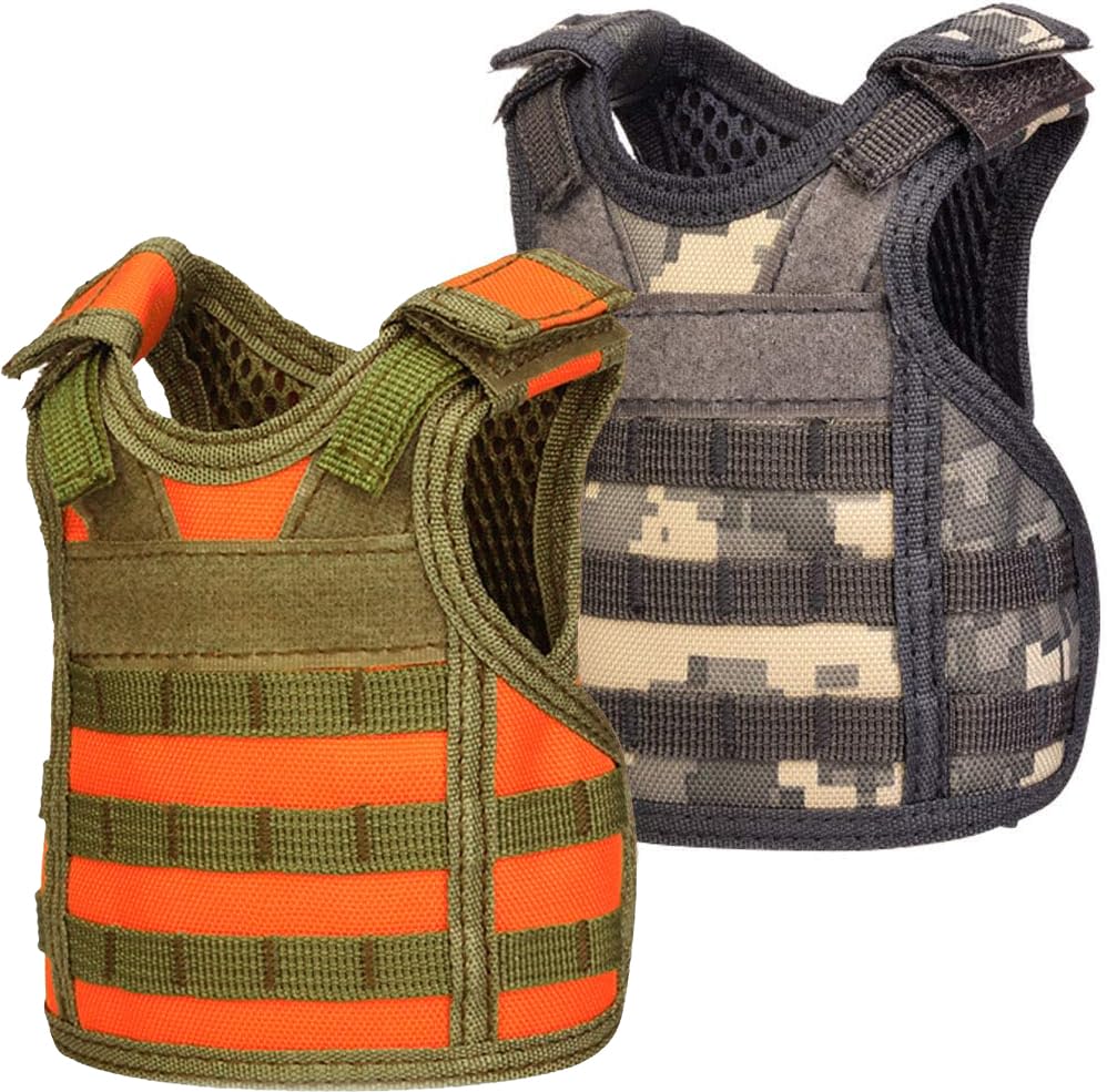 Mini Tactical Beer Vests, Molle Beer Cooler Jacket Adjustable Drink Bottle Vests Holder Beverage Cooler Holder for 12oz or 16oz Cans or Bottles (2 Pack, Orange + ACU Camo)