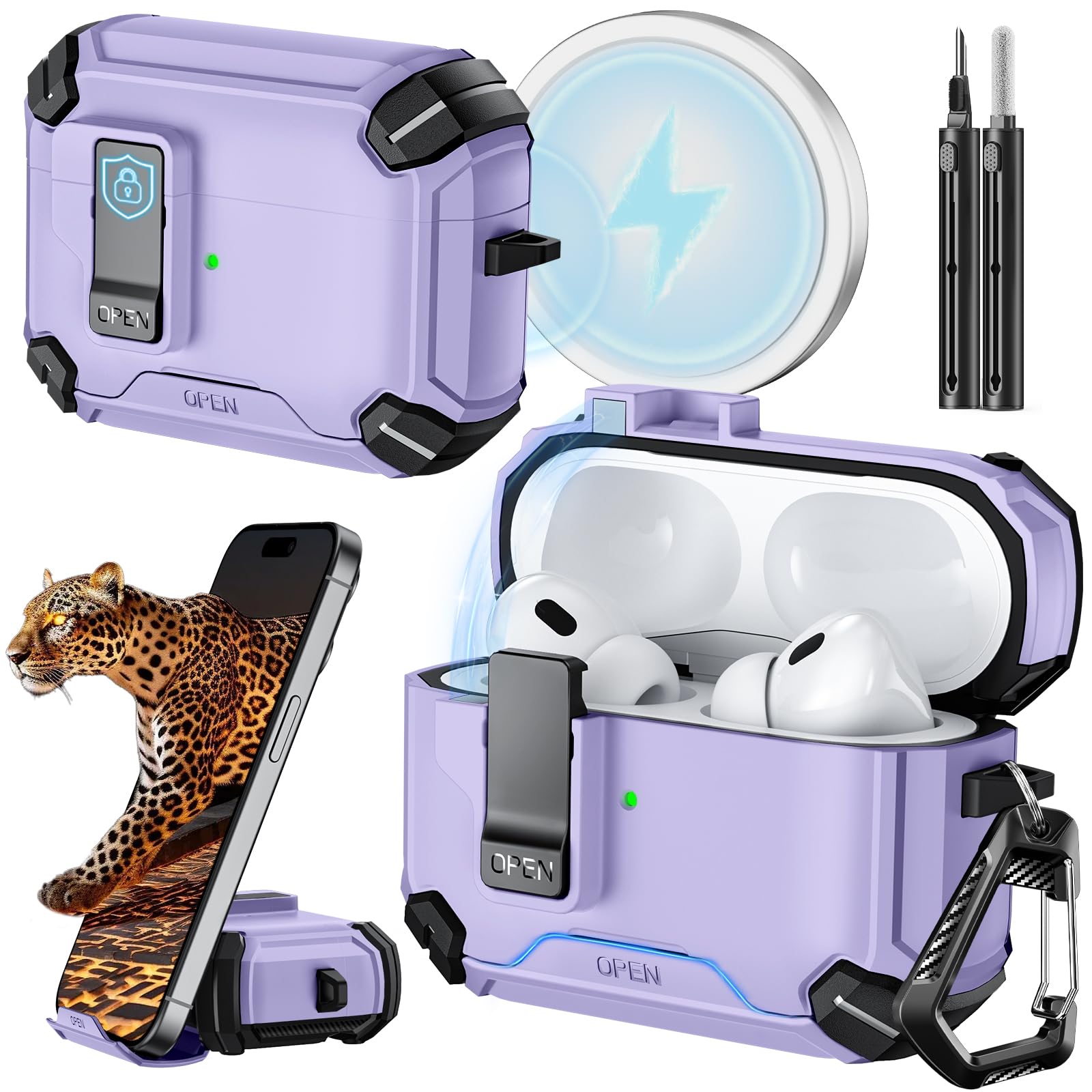 Photo 1 of Inesore Compatible with AirPods Pro 2nd/1st Generation Case Cover with Phone Stand & Cleaning Kit,Compatible with Magsafe,Magnetic Automatic Lock for iPod Pro Charging Case(USB-C/Lightning Cable)