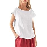 Amazhiyu Womens 100% Linen Casual Cap Sleeve Tops Basic Summer Loose Fit Blouse