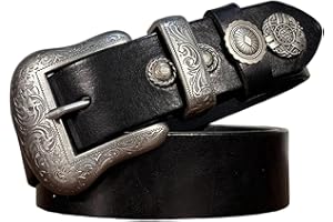 Western Belts for Men Women, Vintage Black Belt Men, Engraved Buckle Genuine Leather Belts for Jeans