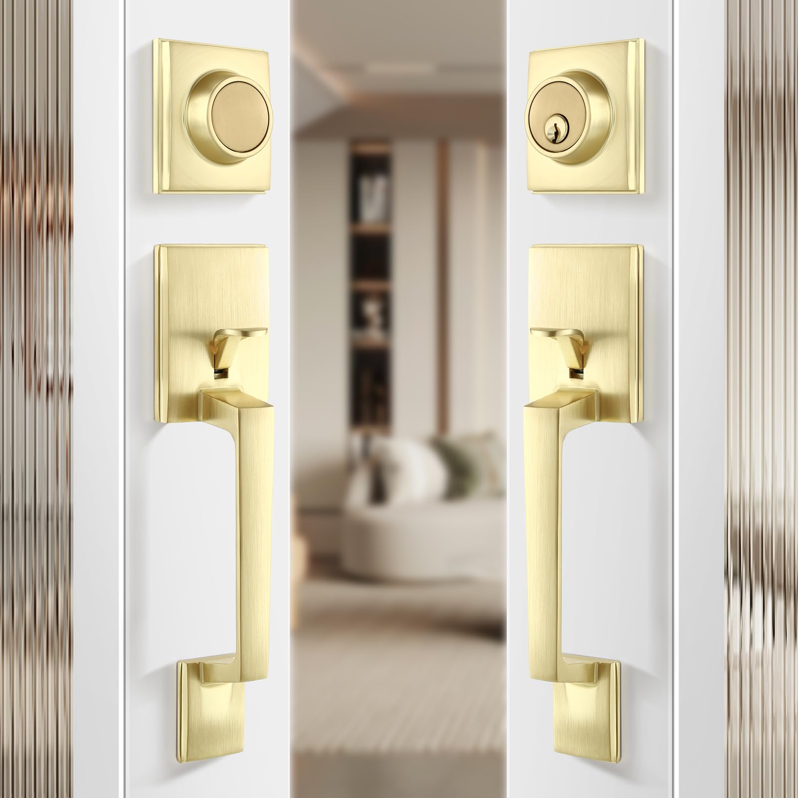 Photo 1 of Leydebong Double Front Door Handle Set, Gold Square Door Lever, Exterior Door Knob & Deadbolt Combo, Door Lock Set for Front/Back/Office Doors, Heavy Duty Door HandleHandle