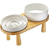 MOPANG Ceramic Slow Feeder and Water Bowl Set for Medium and Large Dogs, 8.0 Inches Ceramic Dog Bowls Elevated with Wooden Stand, 2.0 Cups Dog Slow Feeder(30oz) and 70oz Water Bowl Set, White