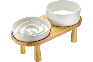 MOPANG Ceramic Slow Feeder and Water Bowl Set for Medium and Large Dogs, Ceramic Dog Bowls Elevated with Wooden Stand, 2.0 Cups Dog Slow Feeder(30oz) and 70oz Water Bowl Set, White