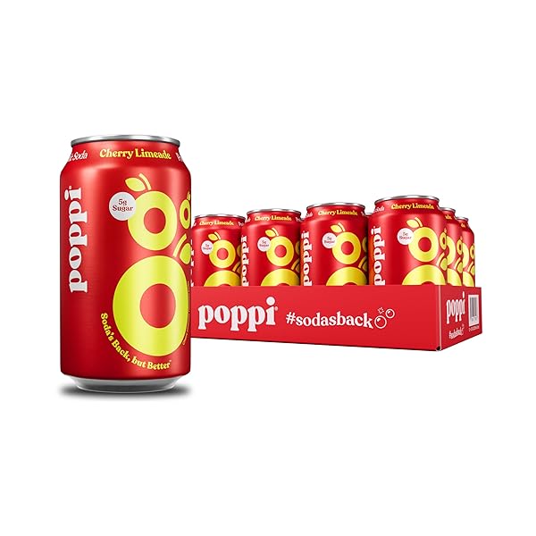 POPPI SPARKLING PREBIOTIC SODA BEVERAGE WITH APPLE CIDER VINEGAR, SELTZER WATER AND FRUIT JUICE, CHERRY LIMEADE FLAVOR, 12 FL OZ, PACK OF 12, PACKAGING MAY VARY
