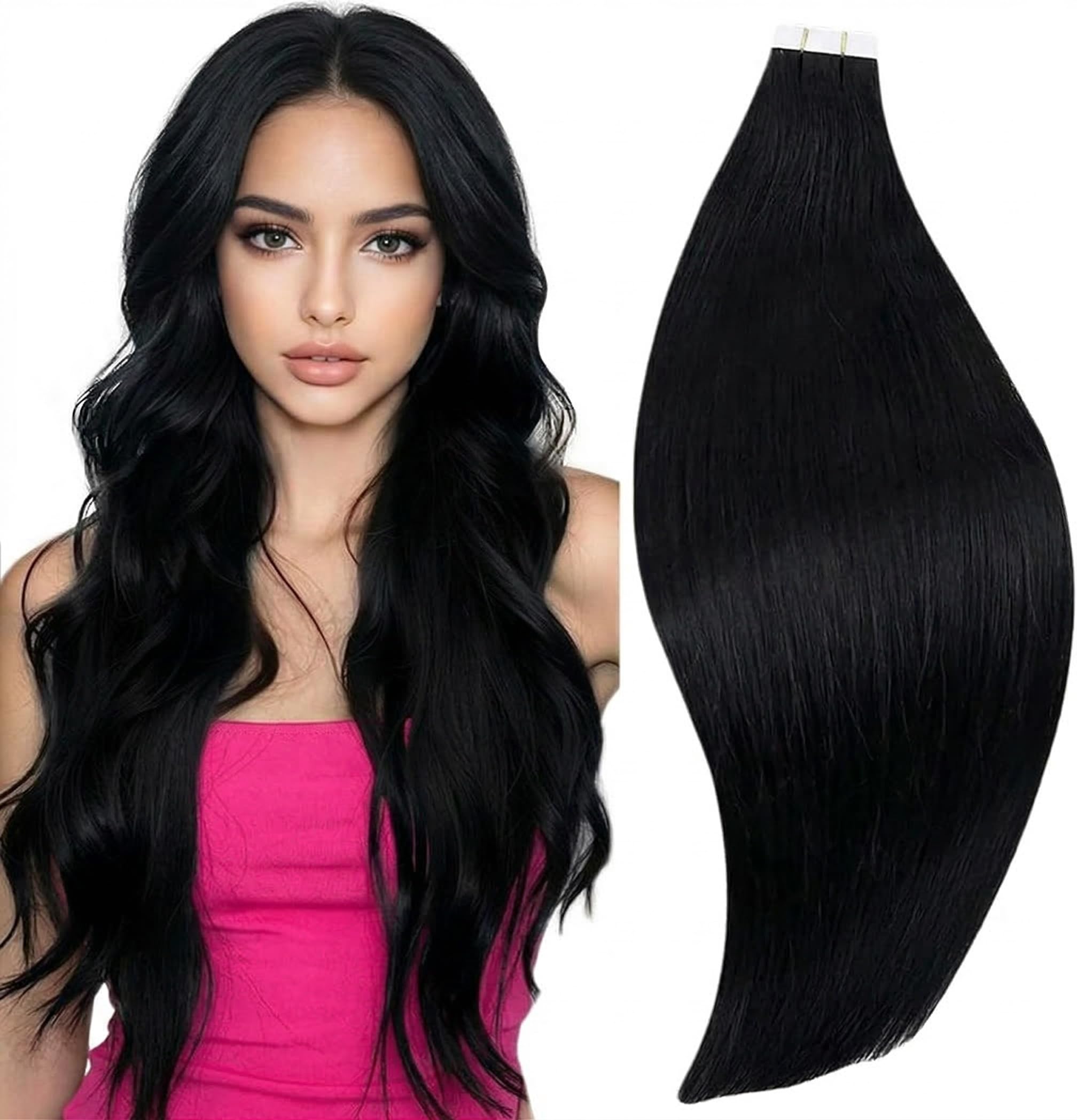 RUNATURE Black Tape in Hair Extensions Human Hair Tape Hair Extensions Real Human Hair for Women Black Invisible Tape Extensions Hair 10 Inch 30 Gram #1