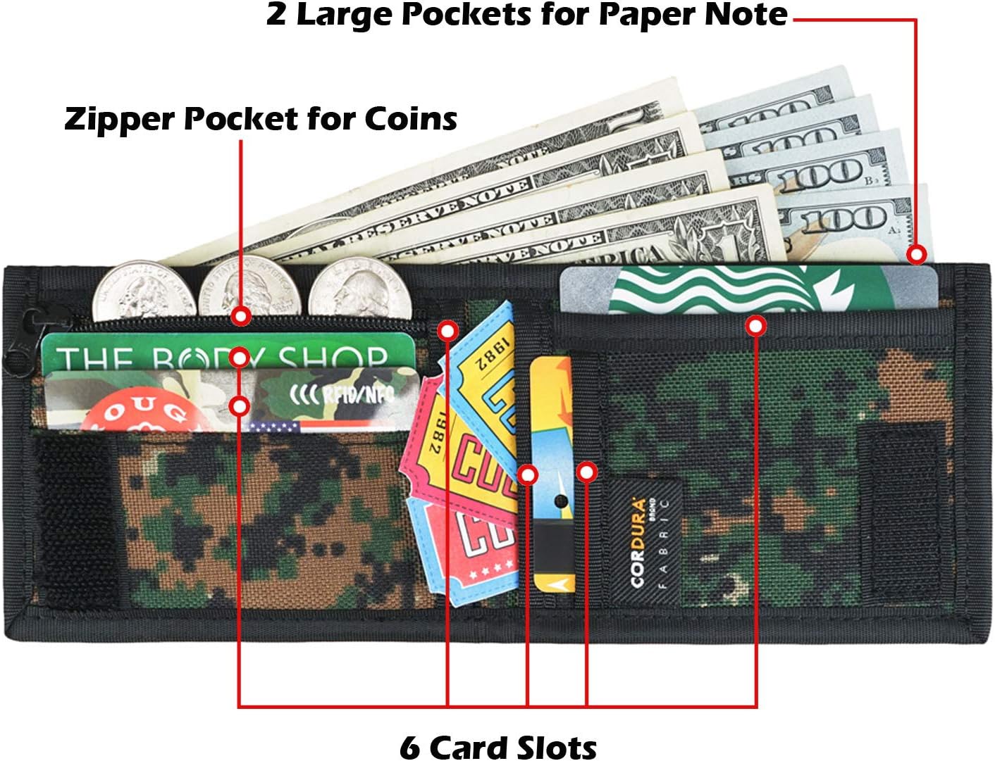 Rough Enough Camo Slim Minimalist Kids Wallet for Boys Mens Front Pocket Keychain Wallet Coin Purse Credit Card Holder with Zipper Pocket Insert Key Tag Ring in Military Army Design Unique Gifts - Image 5