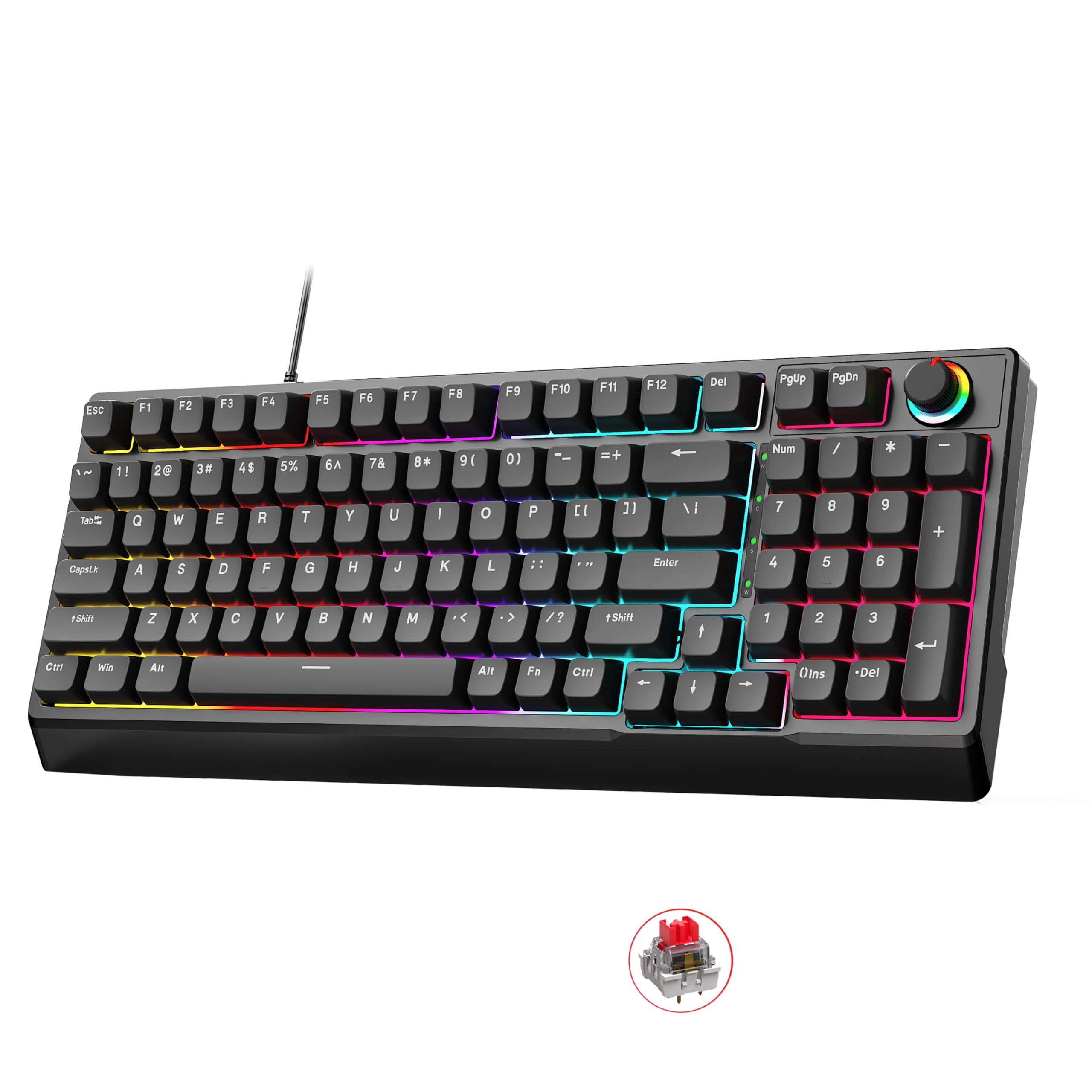 Gegago Mechanical Gaming Keyboard with Red Switches: 98 Keys PC Gaming Keyboard with Backlit，Multi-Function Volume & Lighting Knob,Anti-Ghosting Wired USB keybaord for Elite PC/Mac Gamers