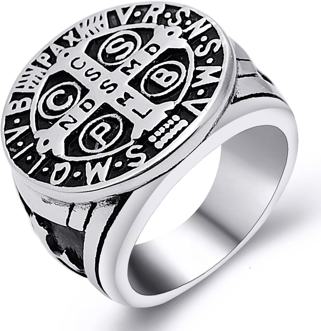 St Benedict Exorcism Ring for Men Stainless Steel Catholic Roman Cross Demon Protection Ghost Hunter