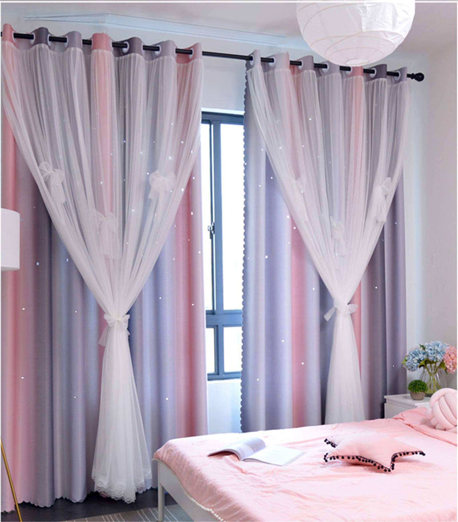 Yancorp Blackout Curtains for Girls Bedroom with Star Cutout 2 Layers Room Darkening Drapes Kids Curtains Nursery Room Window Panels Living Room Divider Pink Blue Gray (Pink Grey, W52 X L108,1PC)